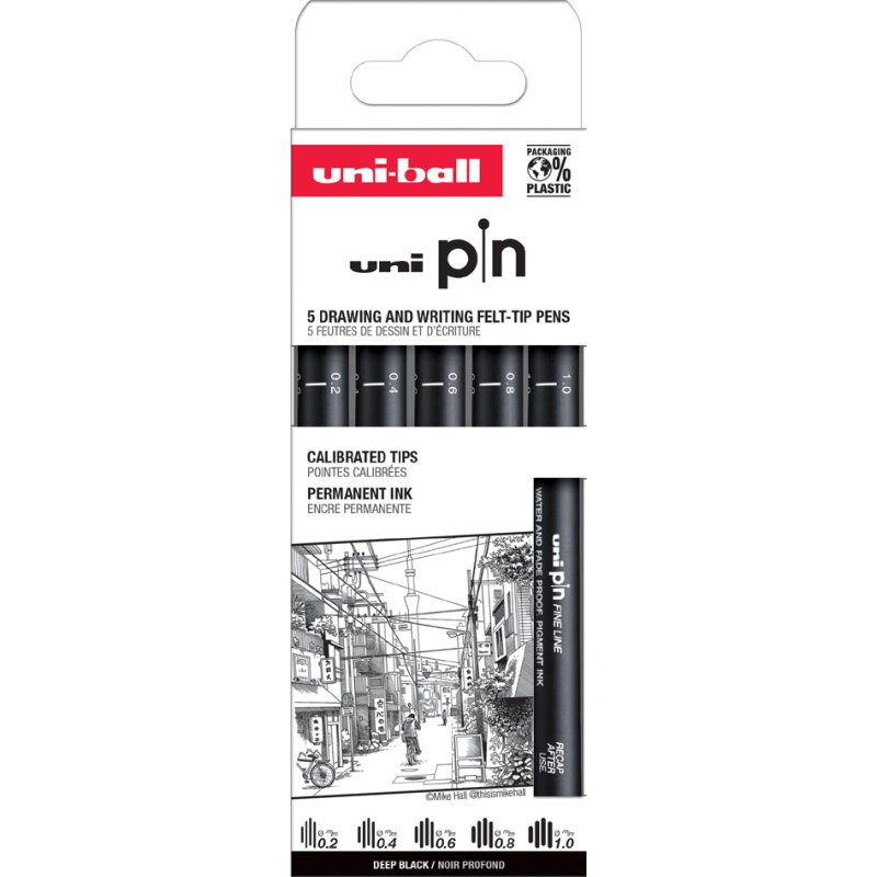 uni-ball fijnschrijvers PIN set, waterbestendige inkt, 5 stuks